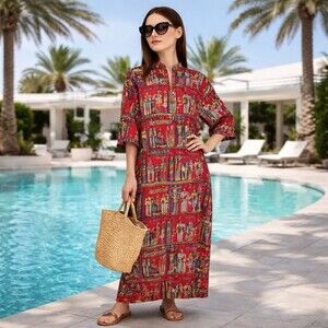 Krist Gudnason Vintage Egyptian Print Kaftan Muumuu Dress Small USA Zip Pockets